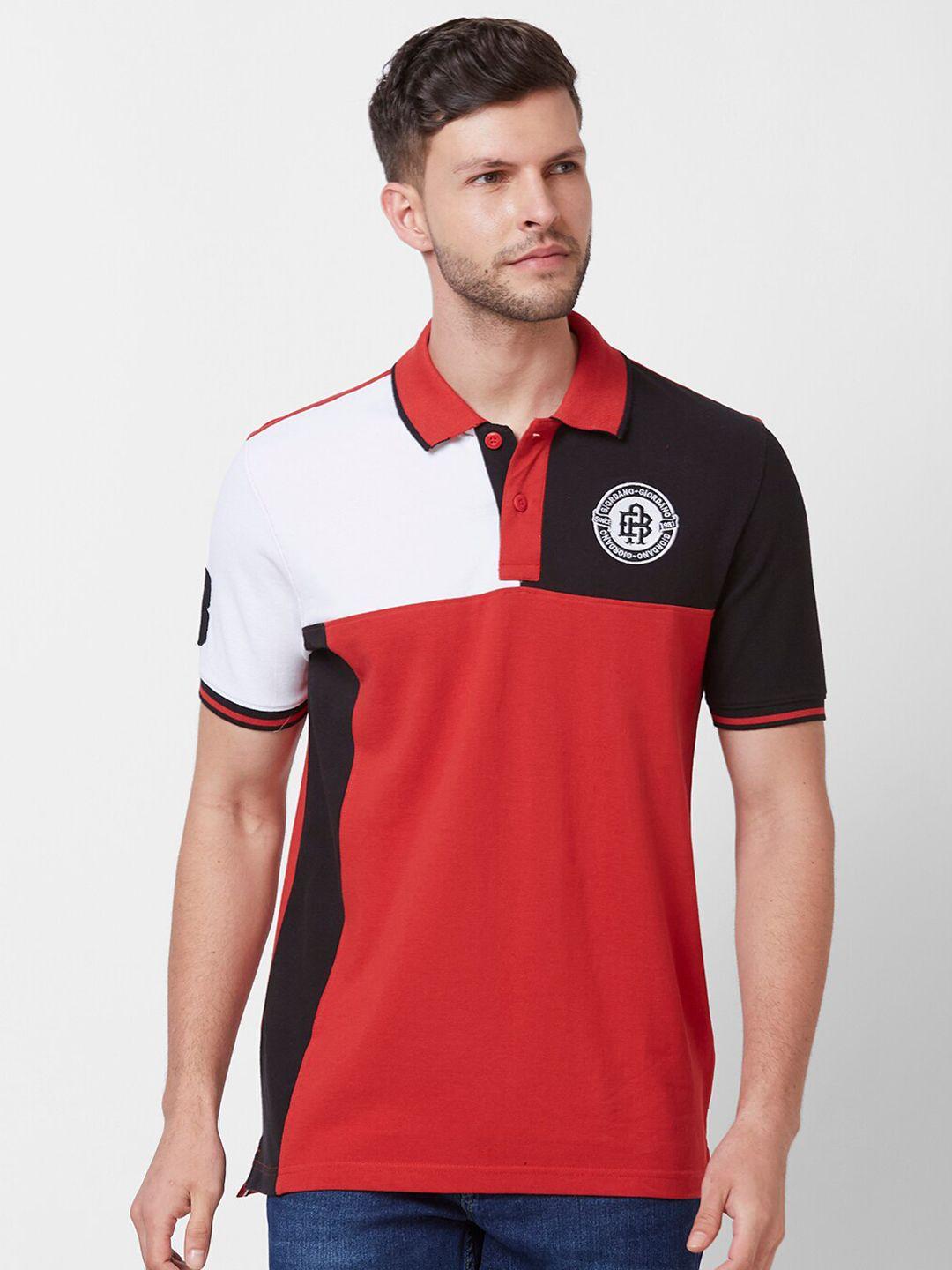 giordano men red colourblocked polo collar pure cotton applique slim fit t-shirt