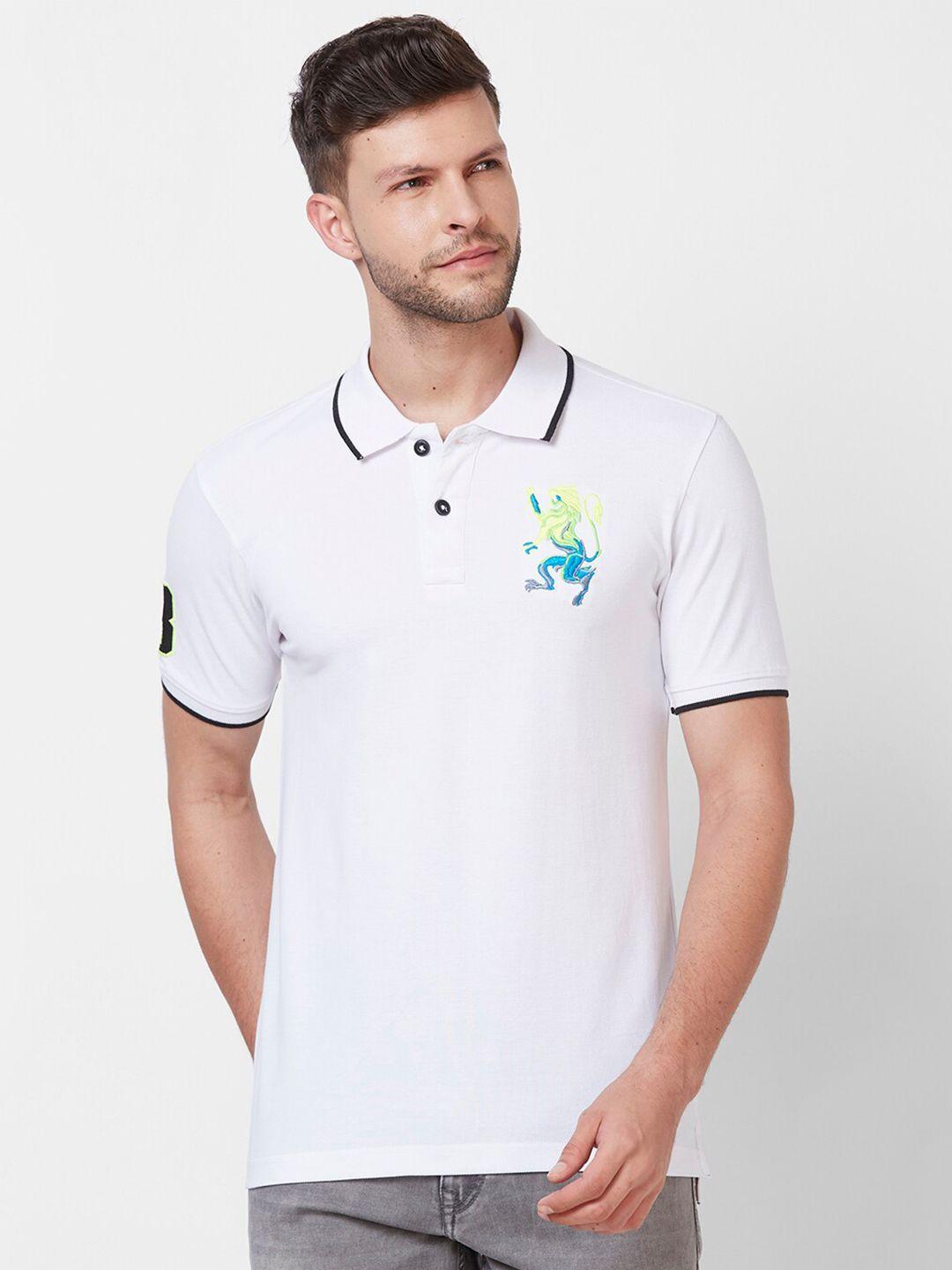 giordano men white polo collar pure cotton applique slim fit t-shirt