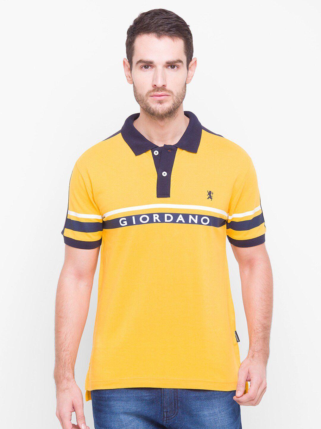 giordano men yellow & blue typography printed polo collar cotton slim fit t-shirt