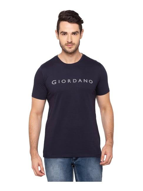 giordano navy cotton comfort fit logo printed t-shirt