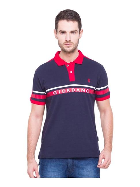 giordano navy cotton slim fit logo printed polo t-shirt