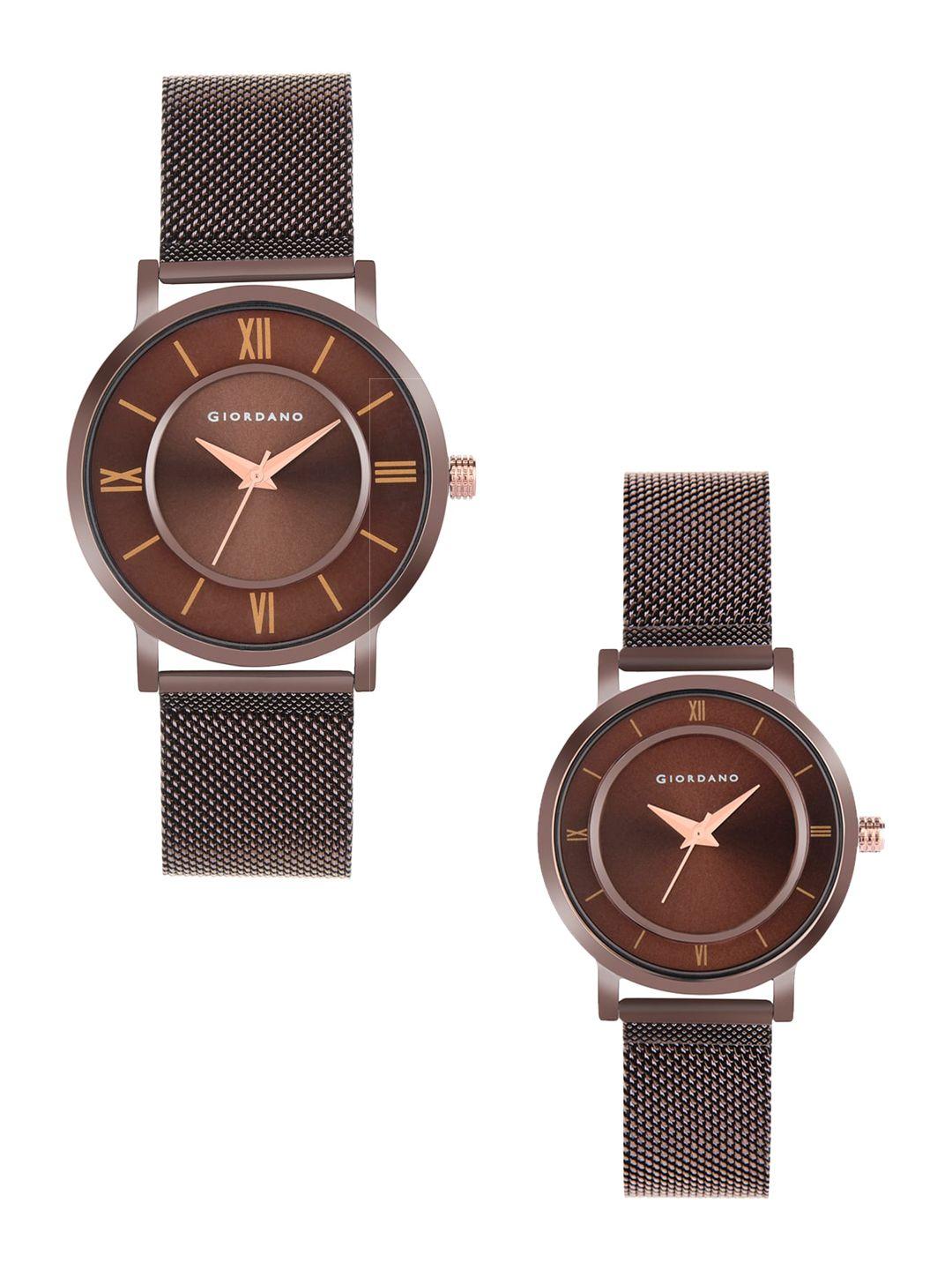 giordano pack-2 brown dial & brown bracelet style straps analogue watch gift set   gd-1172-seta-55
