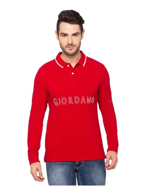 giordano red cotton comfort fit logo printed polo t-shirt