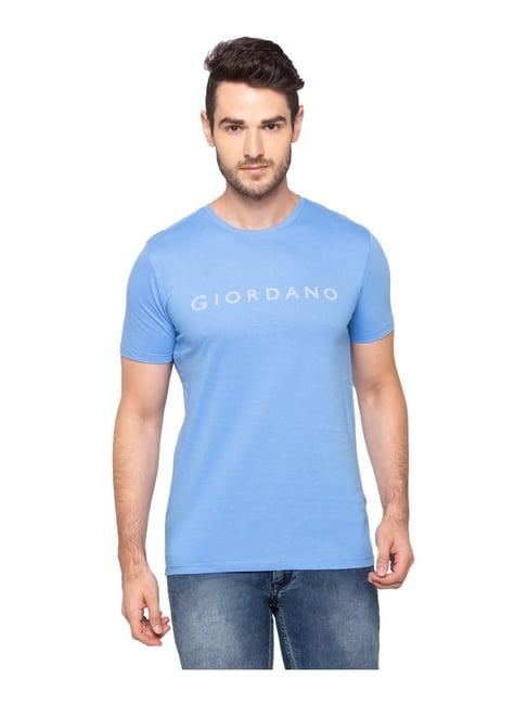 giordano sky blue cotton comfort fit logo printed t-shirt