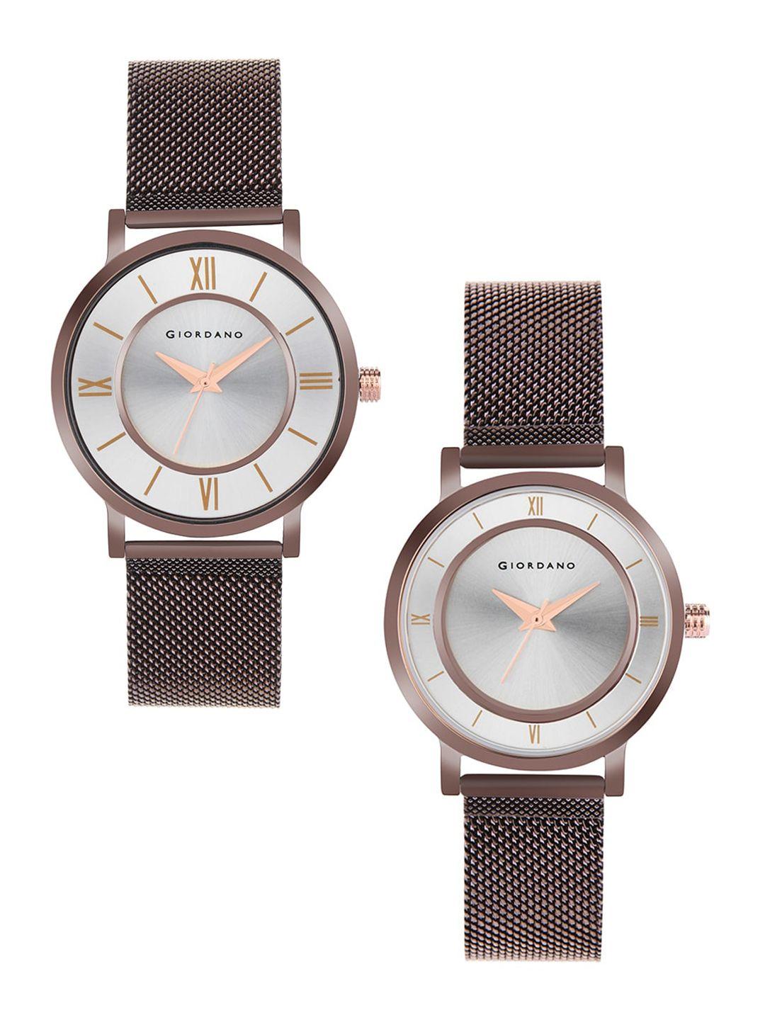 giordano unisex silver & brown couple watch gift set gd-1172-seta-33