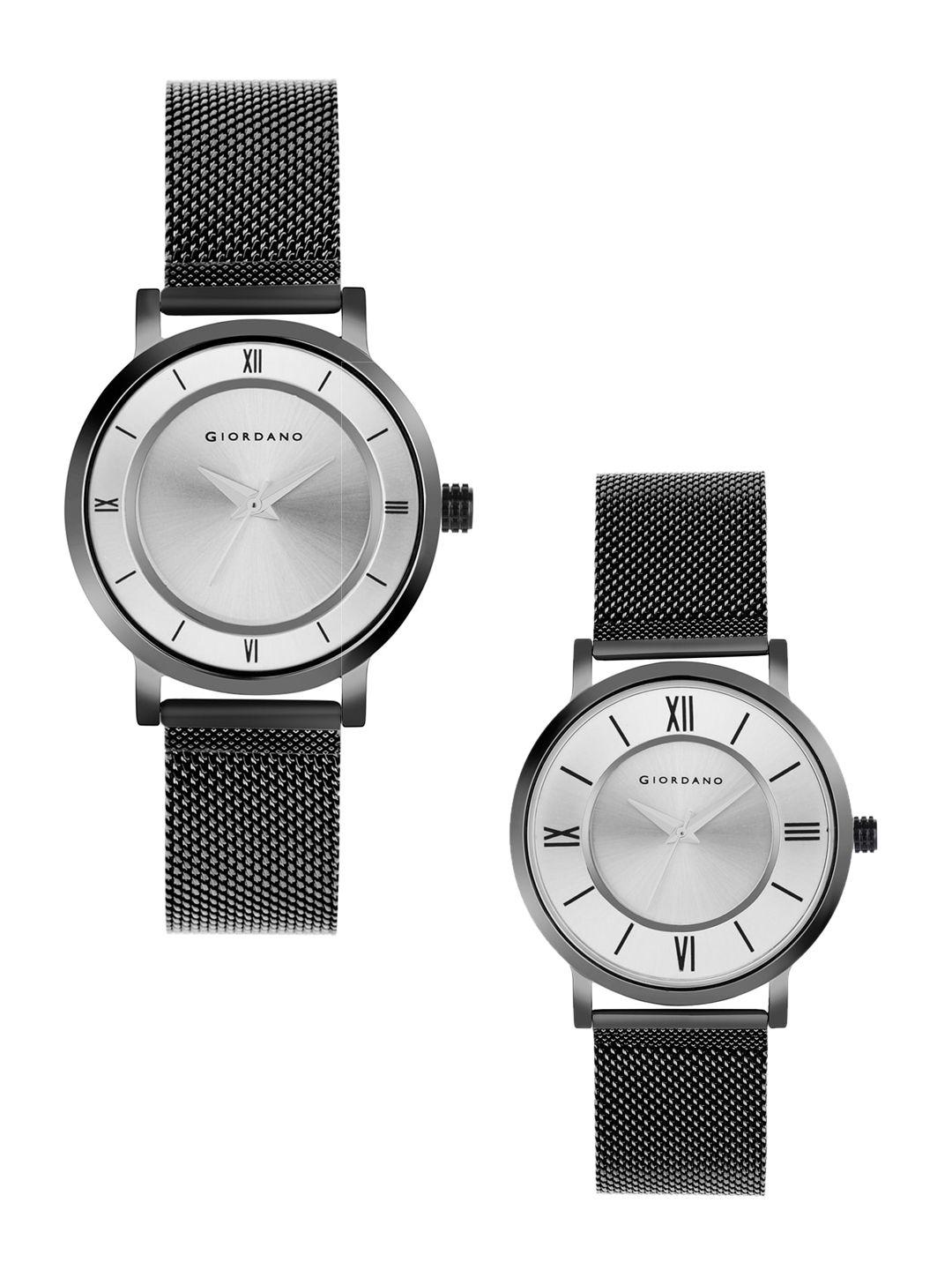 giordano unisex silver-toned dial & black straps analogue couple watch gd-1172-seta-44