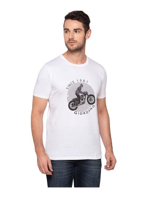 giordano white cotton comfort fit printed t-shirt