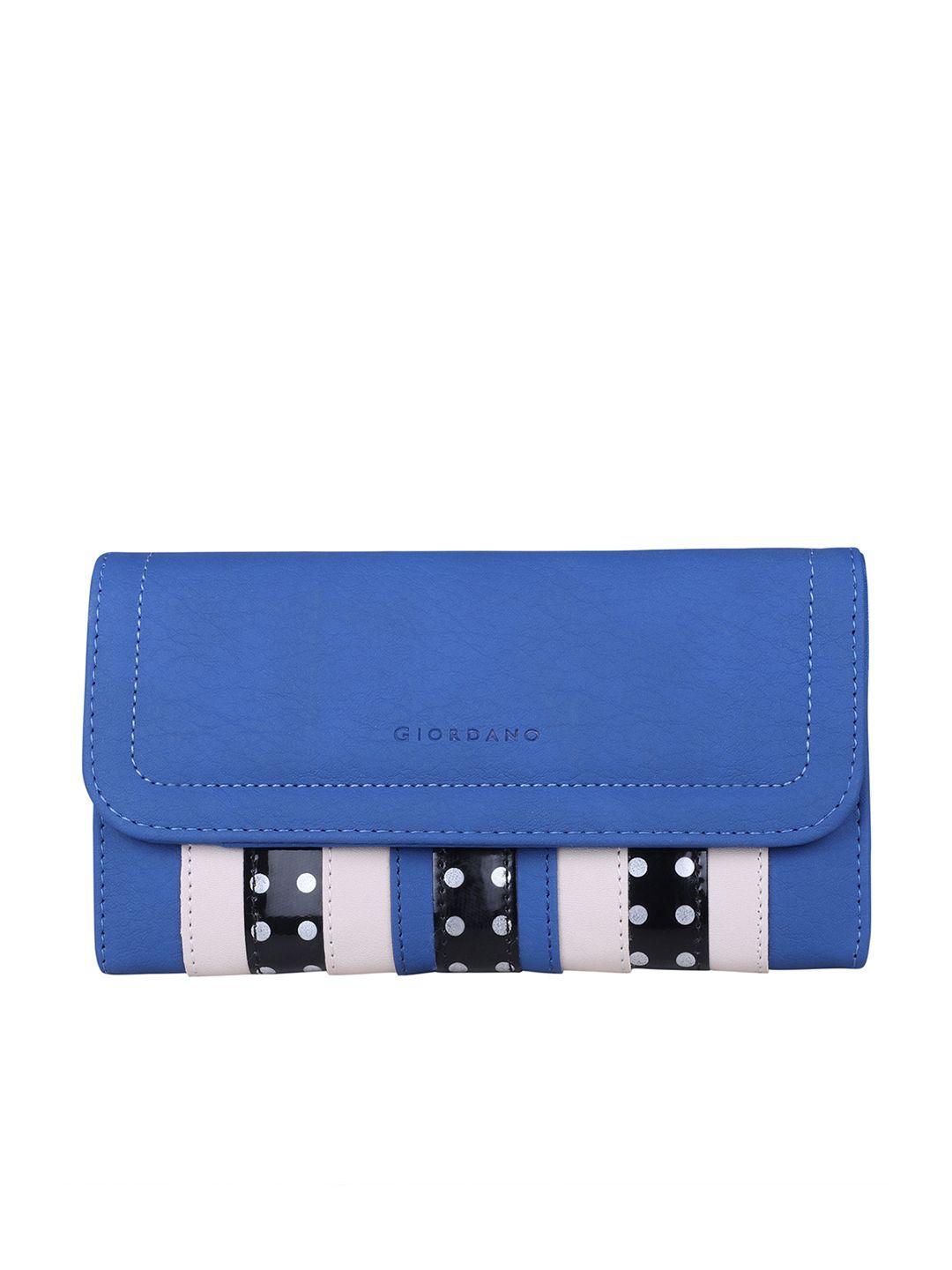 giordano women blue & beige striped three fold wallet