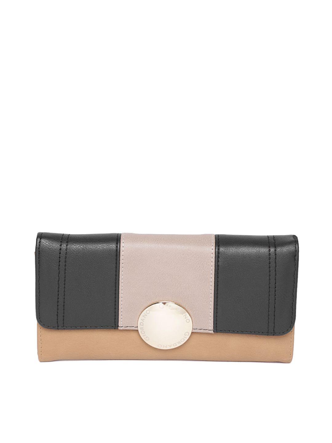 giordano women brown & black colourblocked three fold wallet