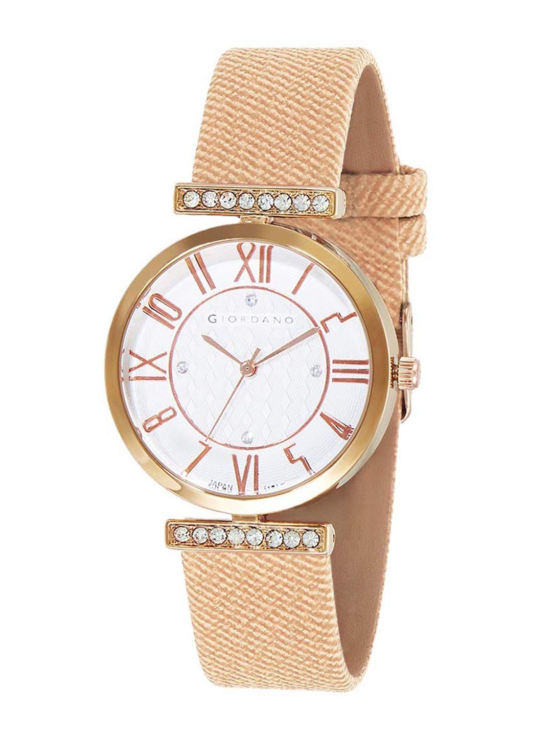 giordano women embellished dial & leather bracelet style straps analogue watch c2152-03