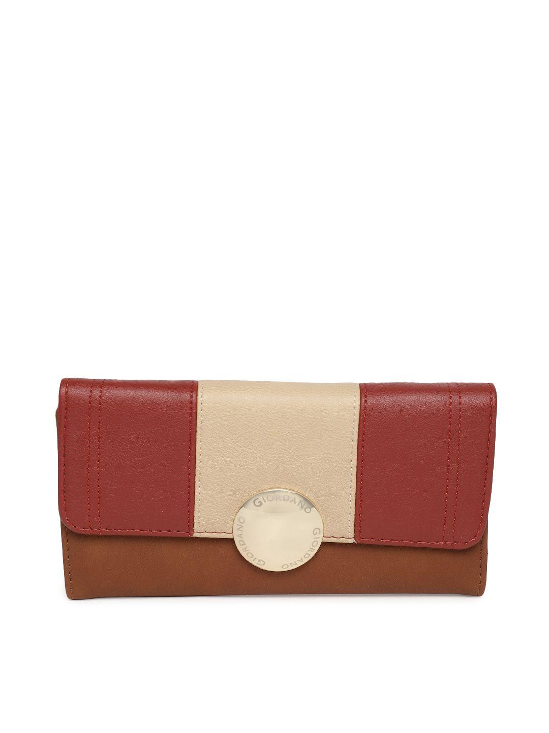 giordano women red & beige colourblocked three fold wallet