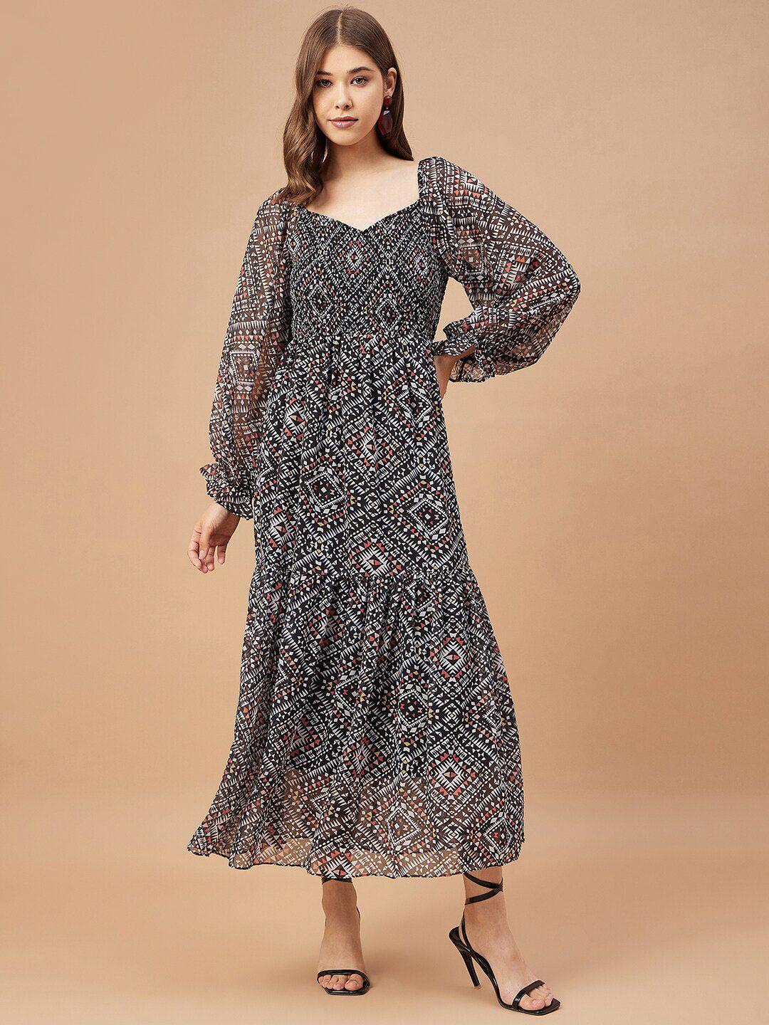 gipsy geometric printed puff sleeves gathered tiered detail midi a-line dress