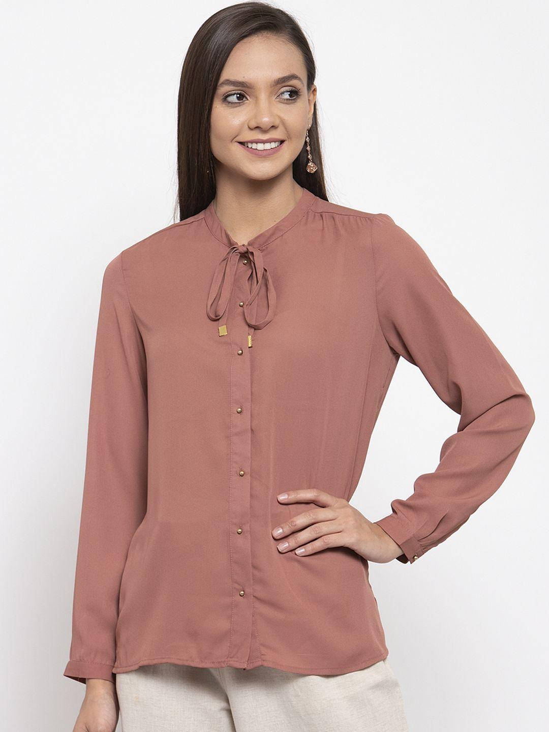 gipsy women brown regular fit solid casual shirt