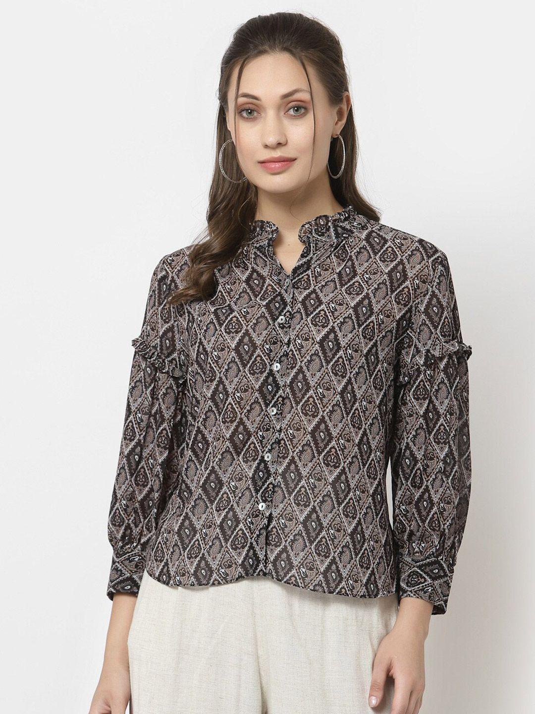 gipsy black print mandarin collar shirt style top