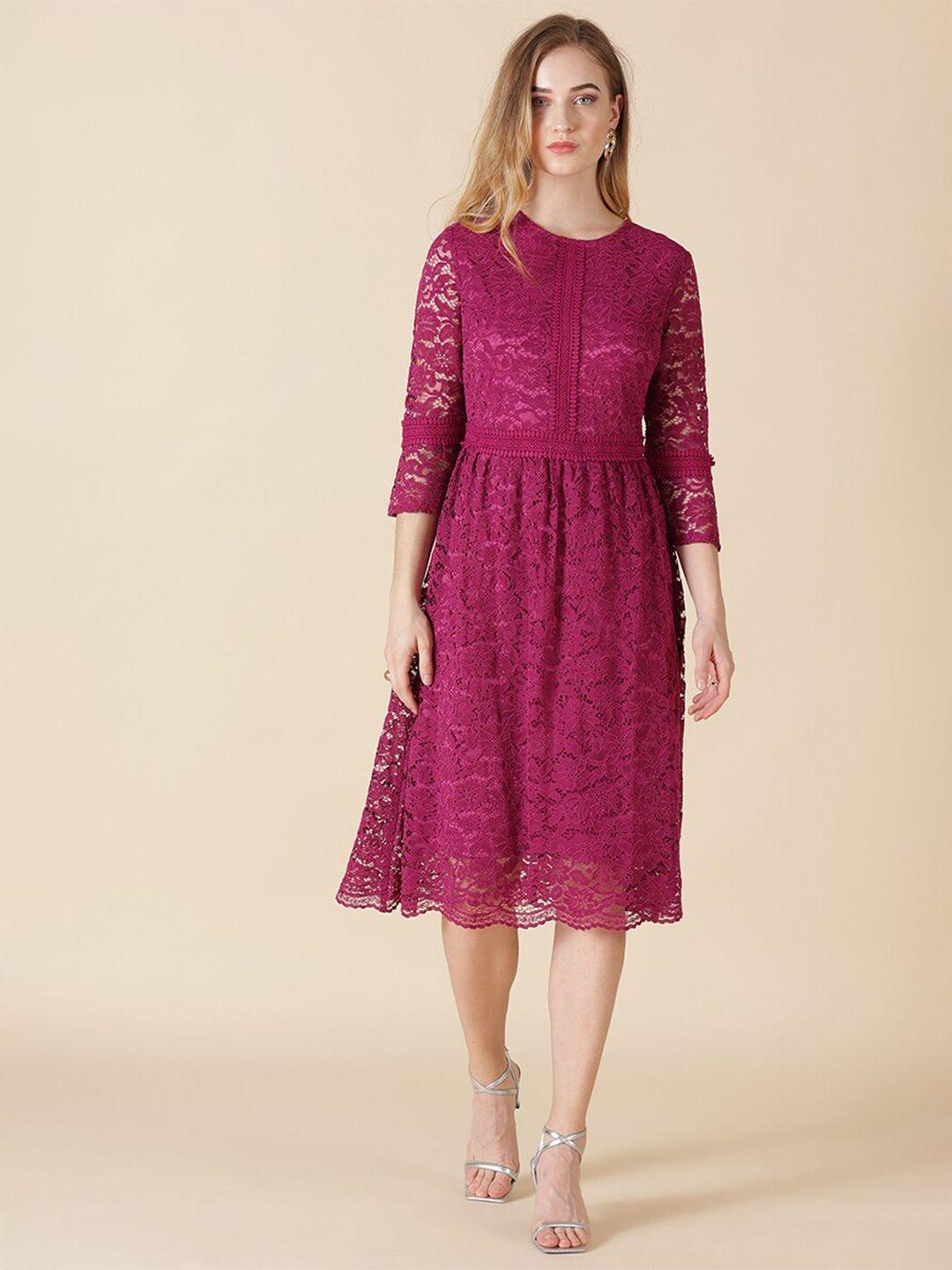 gipsy fuchsia self design fit and flare dress