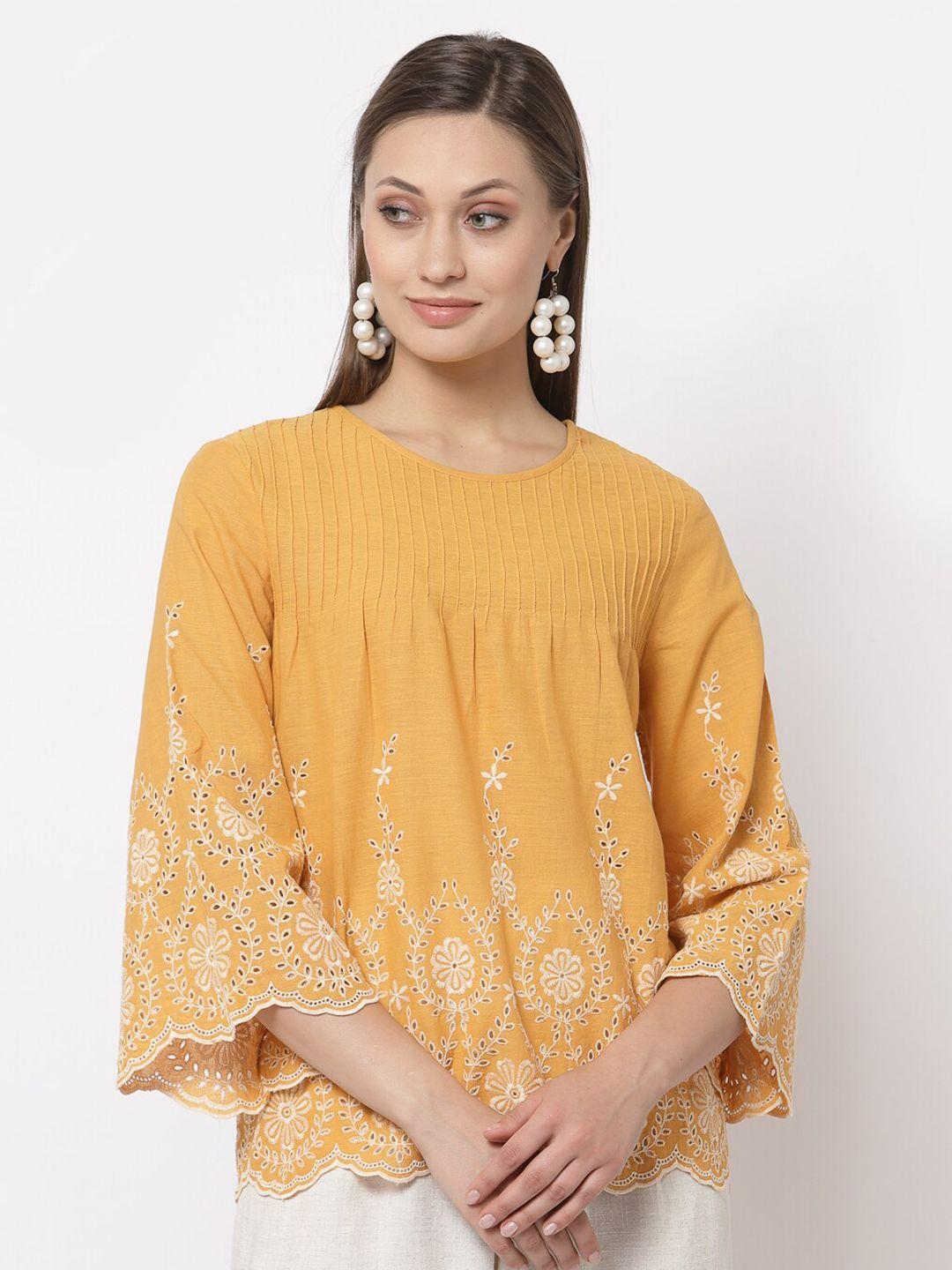 gipsy mustard yellow embroidered flared sleeves cotton top
