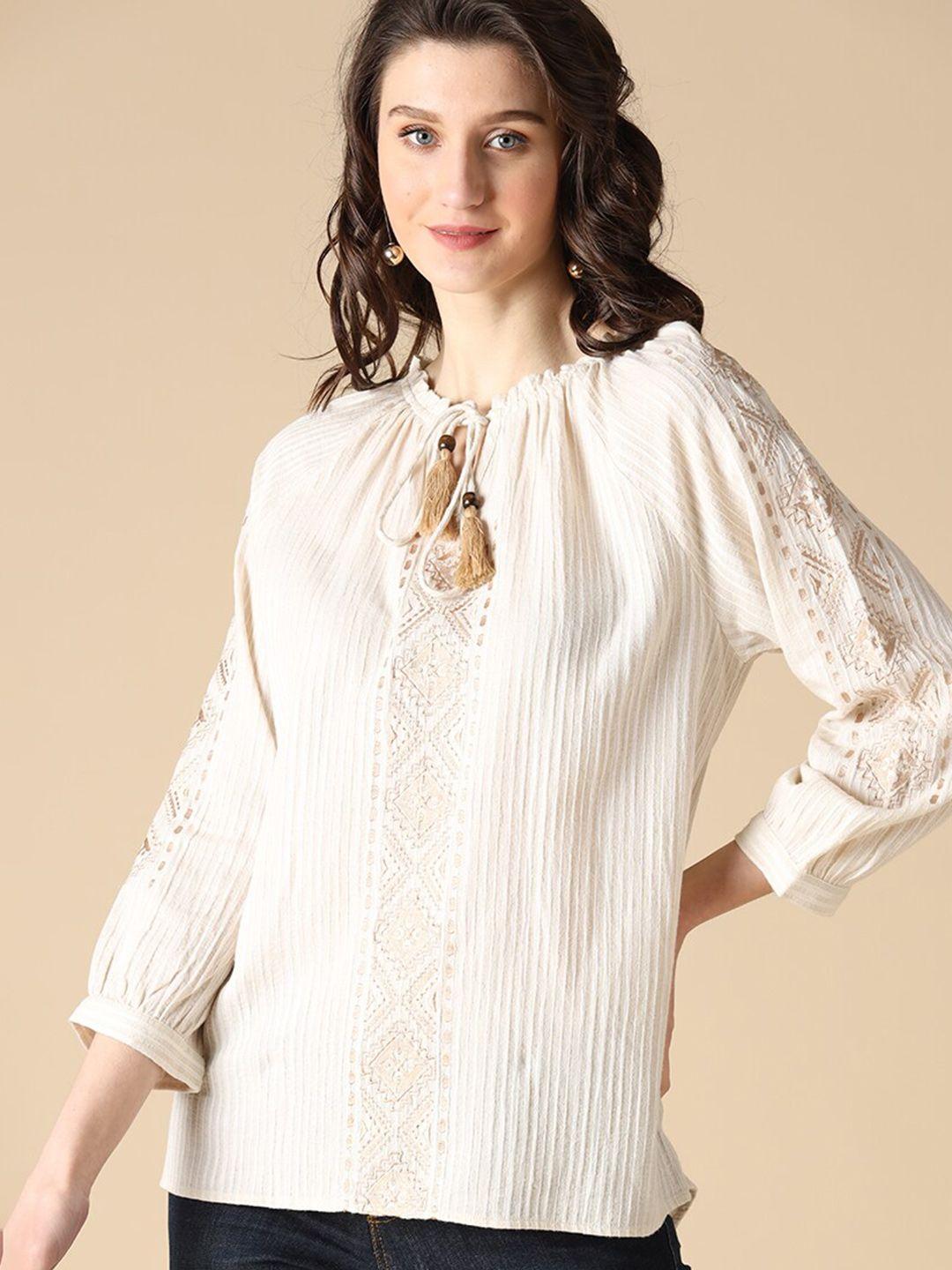 gipsy women beige striped tie-up neck pure cotton top