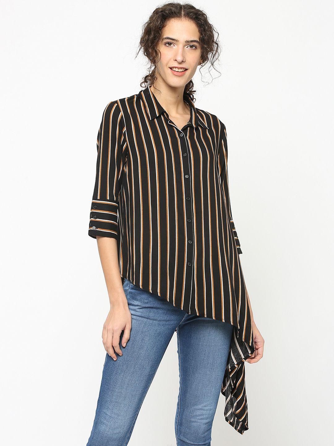 gipsy women black & beige regular fit striped casual shirt