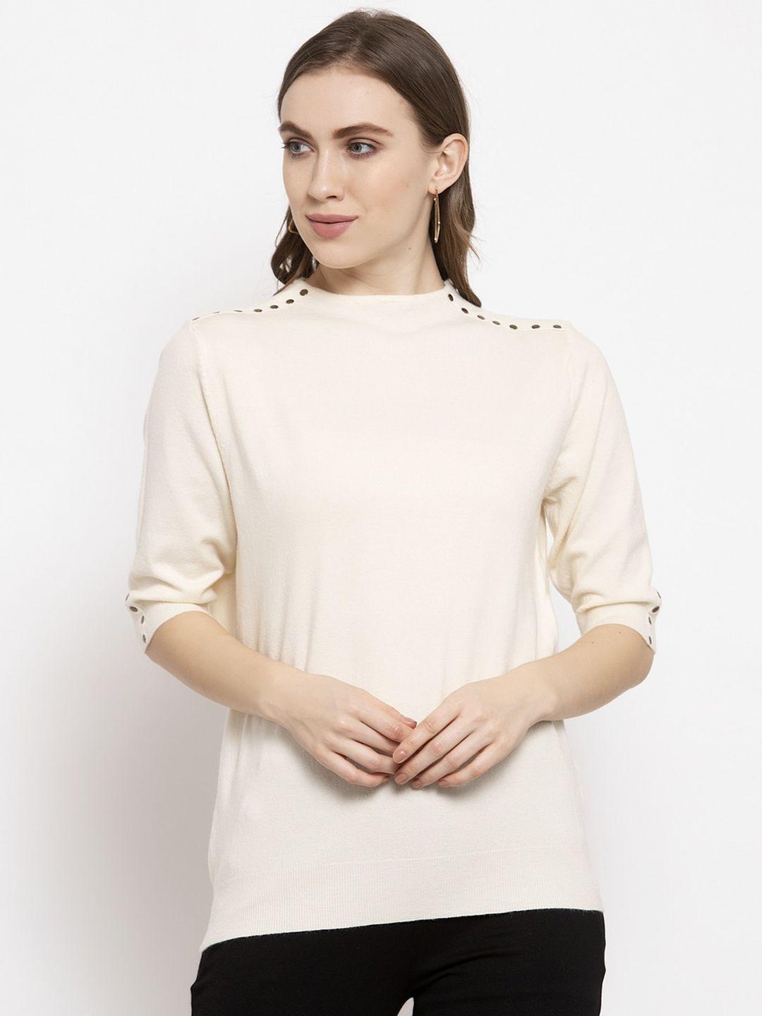 gipsy women cream-coloured solid acrylic pullover sweater