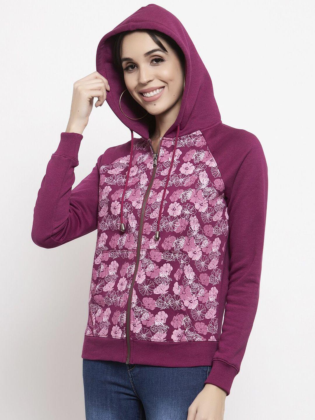 gipsy women magenta & white printed hooded sweatshirt