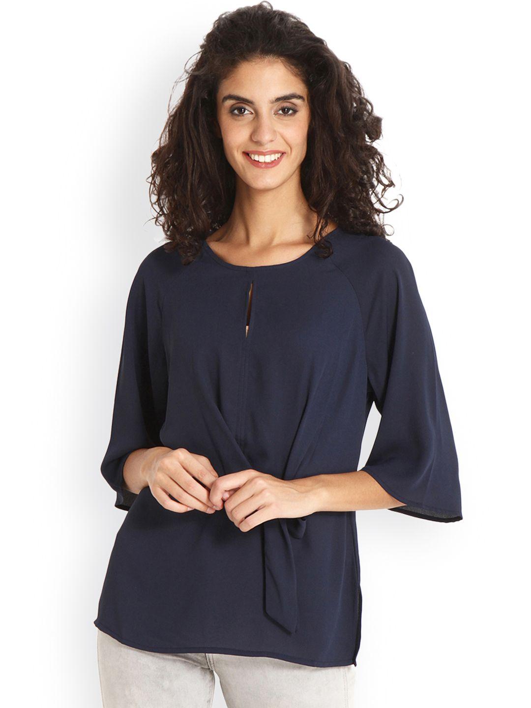 gipsy women navy blue solid cinched waist top