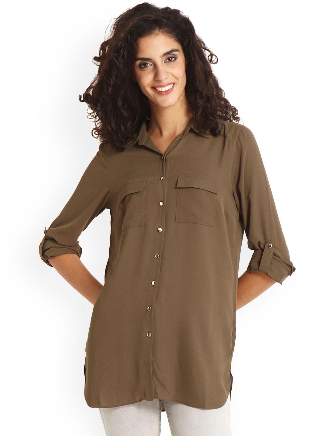 gipsy women olive brown regular fit solid casual shirt