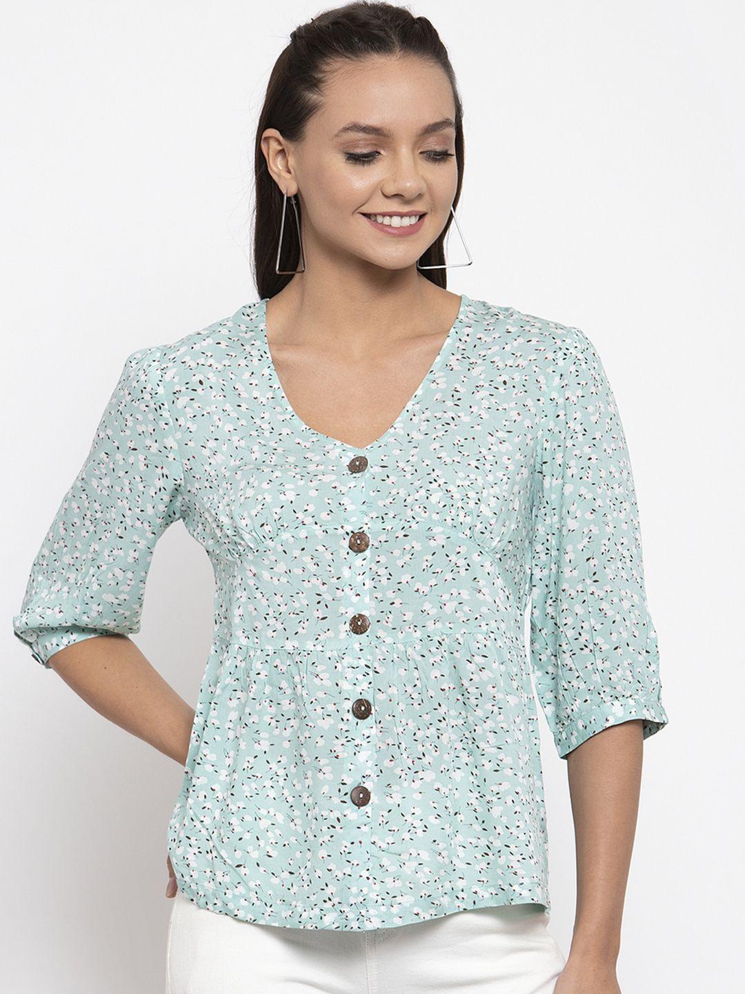 gipsy women sea green & white printed shirt style top