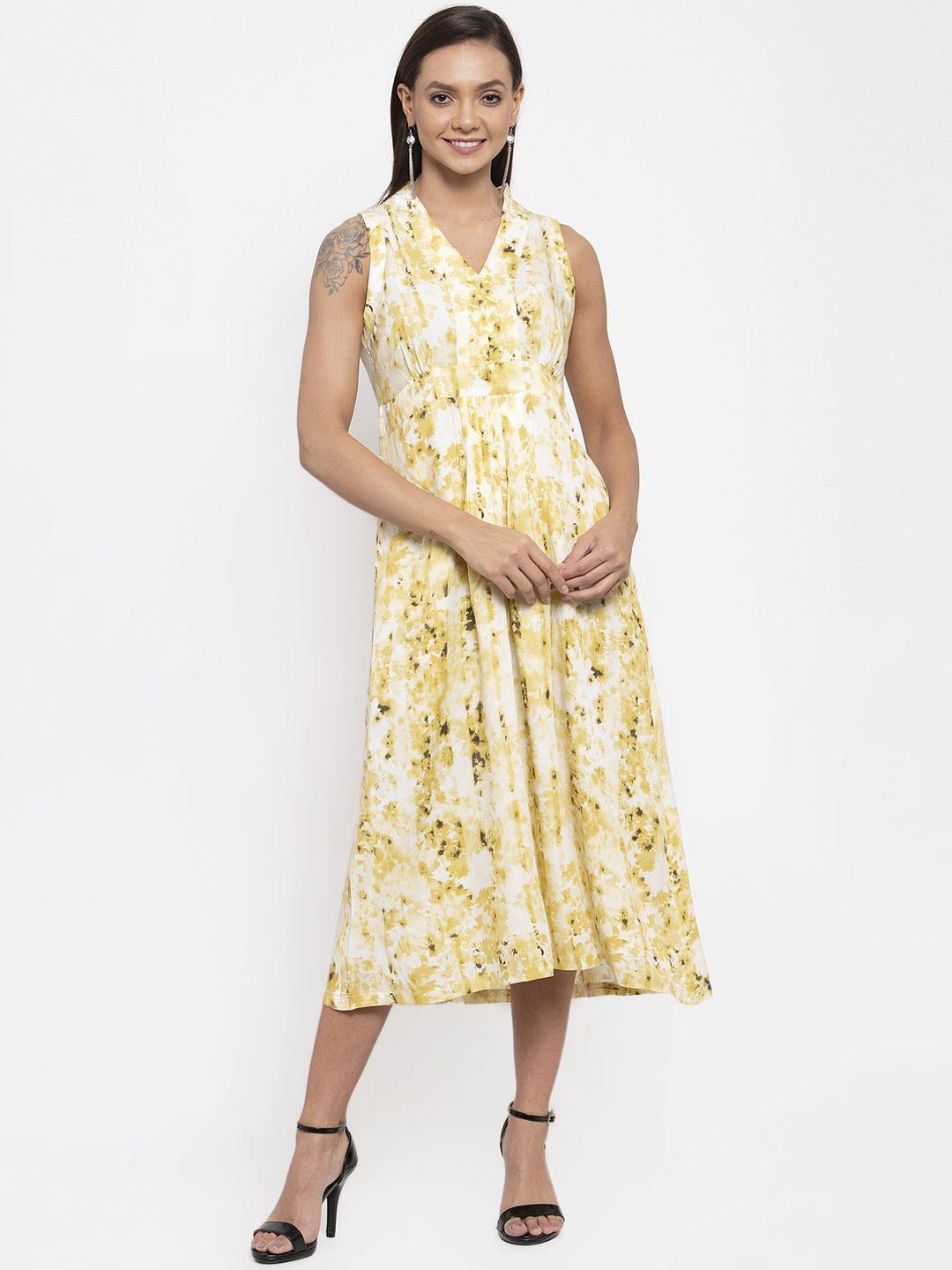 gipsy women yellow & white printed fit and flare dress