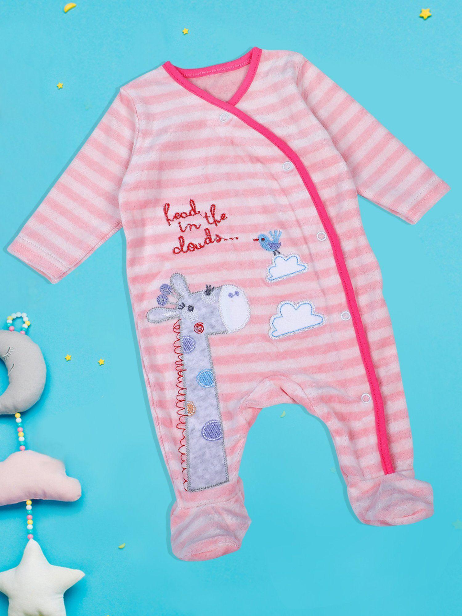 giraffe striped infant full sleeves snap button bodysuit romper pink