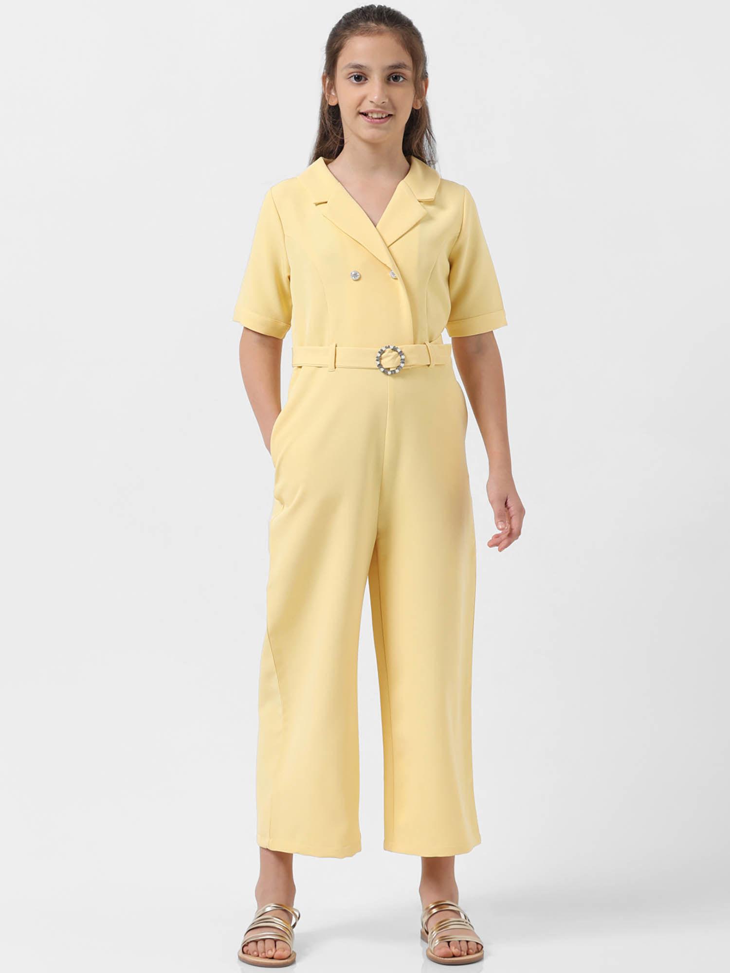 girl solid yellow jumpsuit with belt (set of 2)