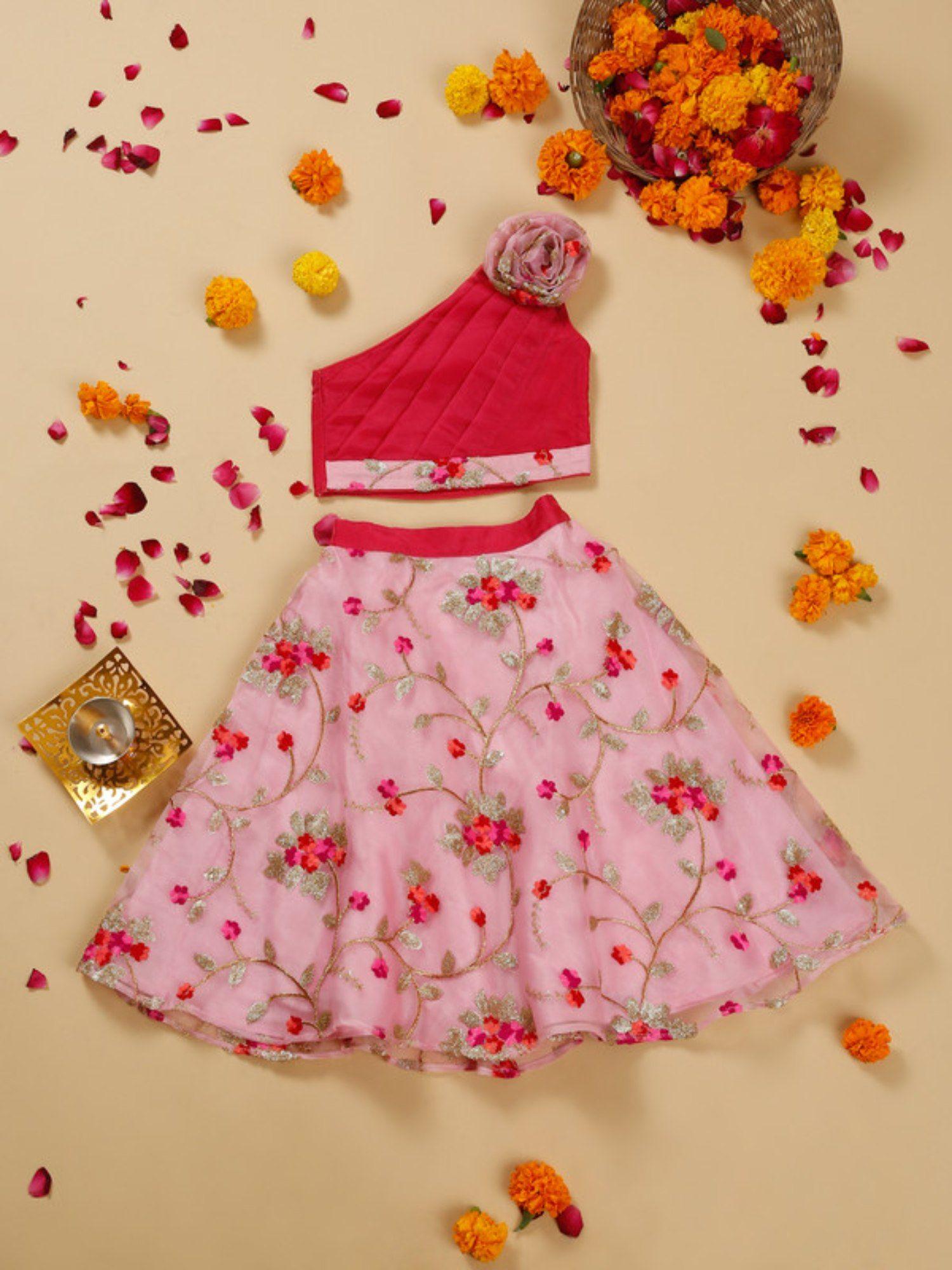 girl's embroidered pink and magenta organza lehenga choli (set of 2)