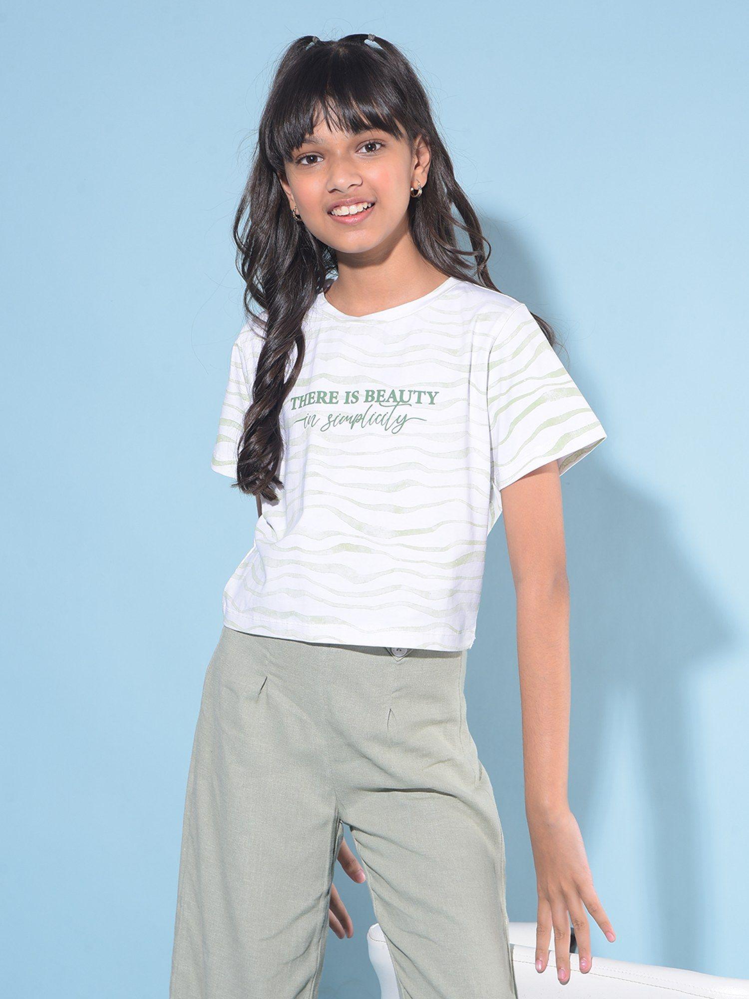 girl's white typographic print crop length t-shirt
