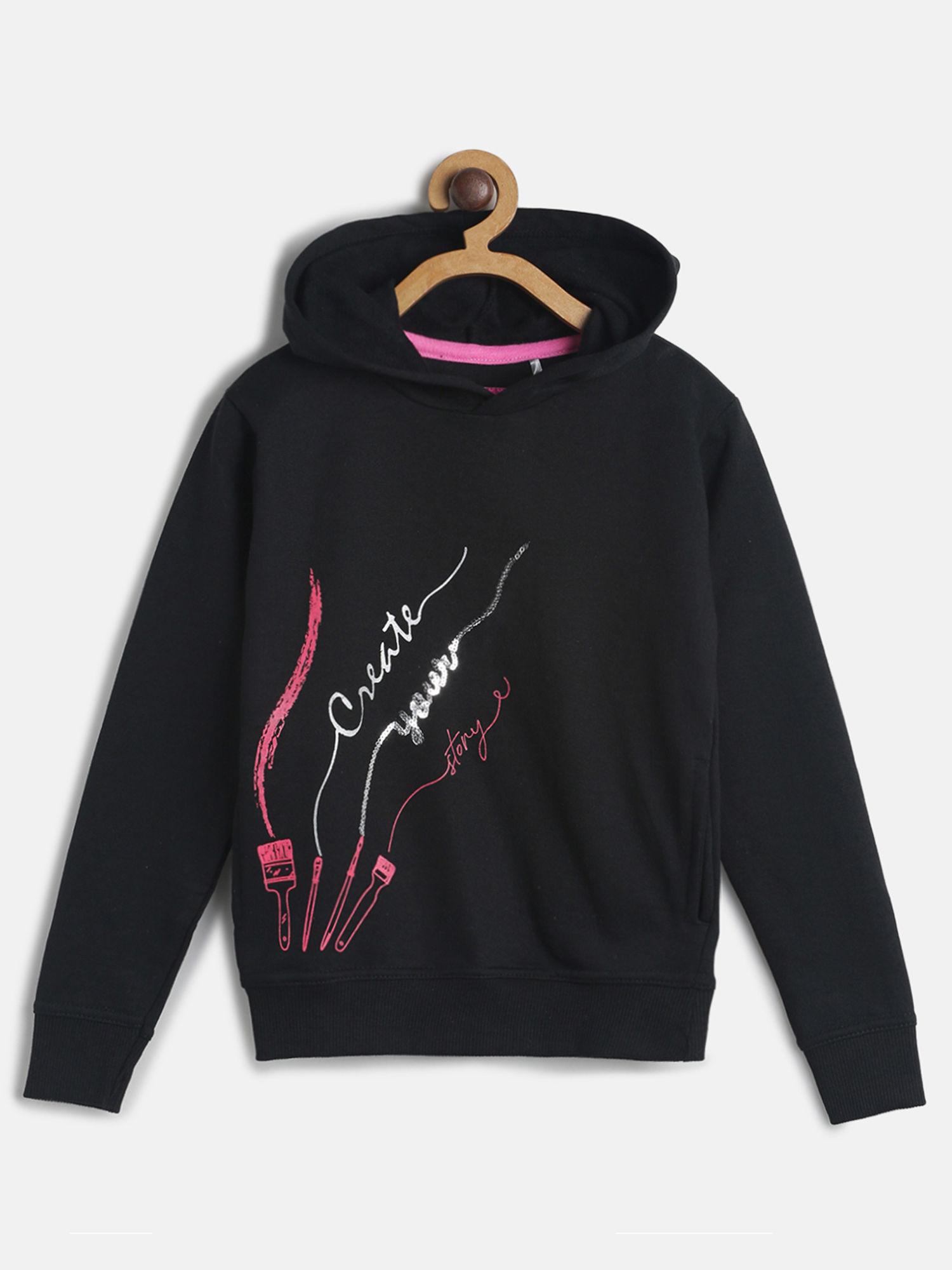 girl's black printed sweatshirt with hood