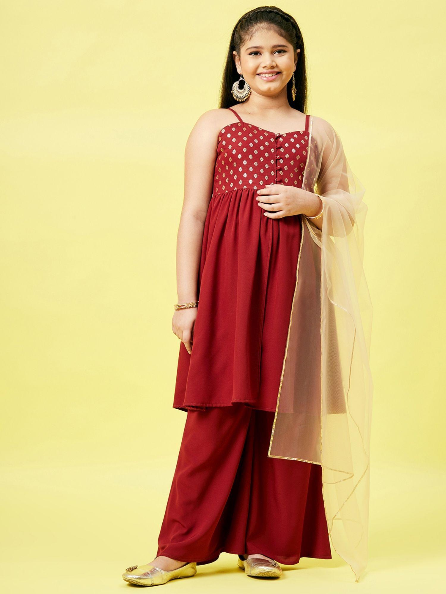 girl's printed kurti set-red (set of 3)