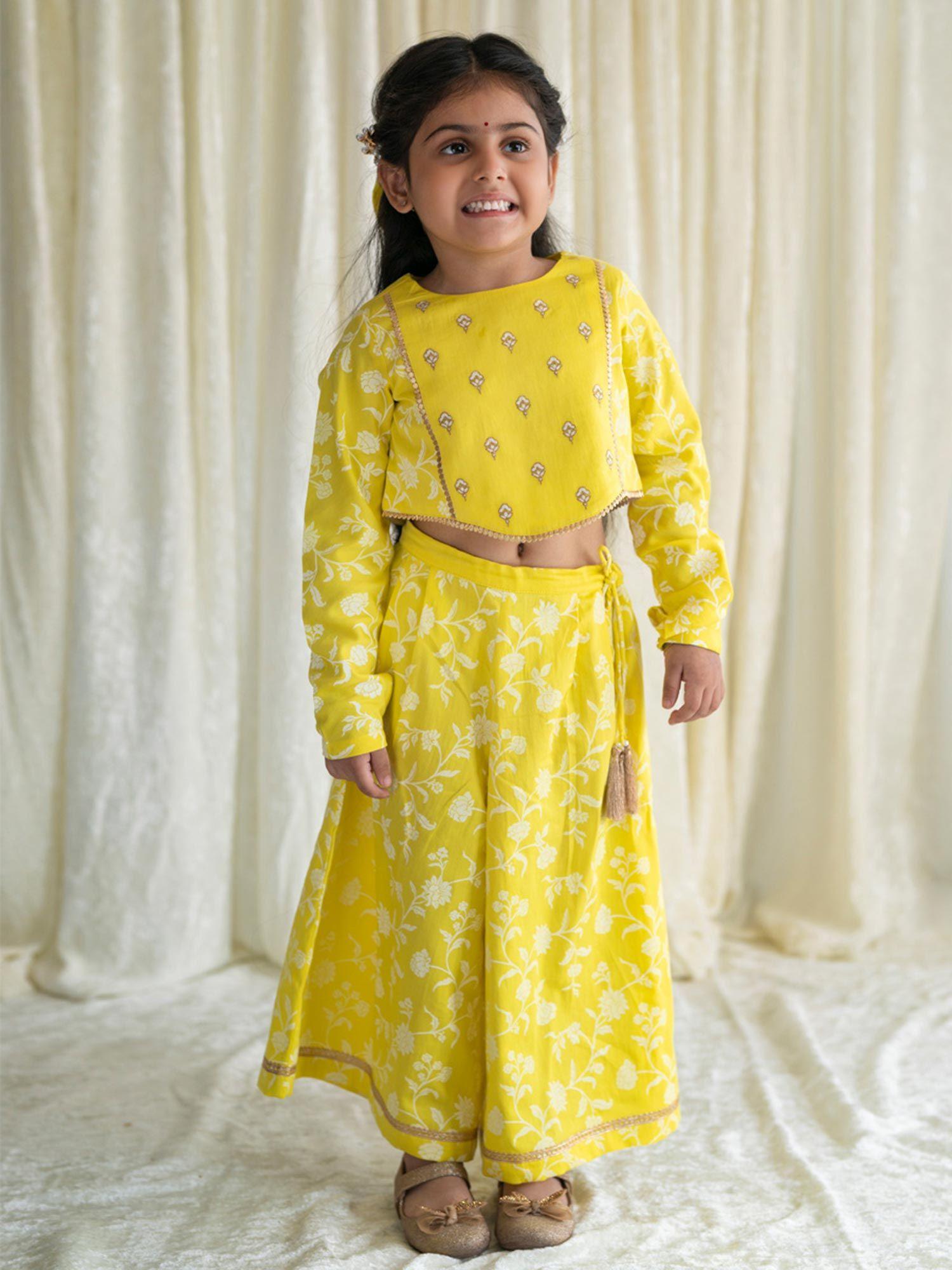 girl ethnic co-ord embroidered - yellow (set of 2)