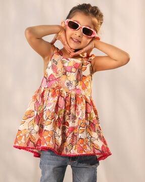 girl floral print square-neck tunic