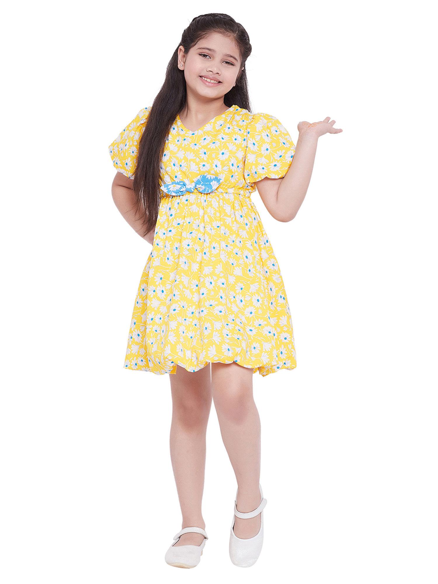girl flower printed v neck half sleeves above knee casual wear dress yellow