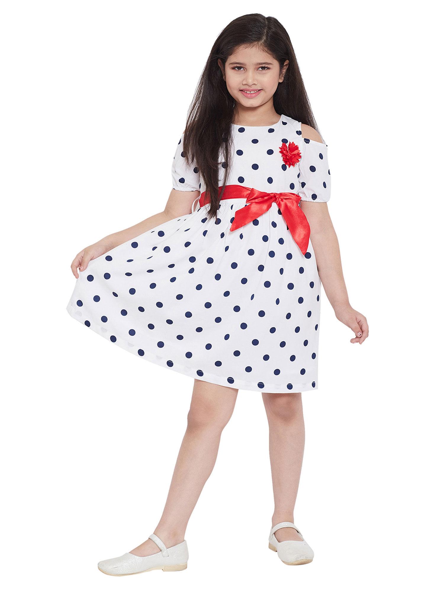 girl polka dots printed knee length fit & flare casual wear dress off white