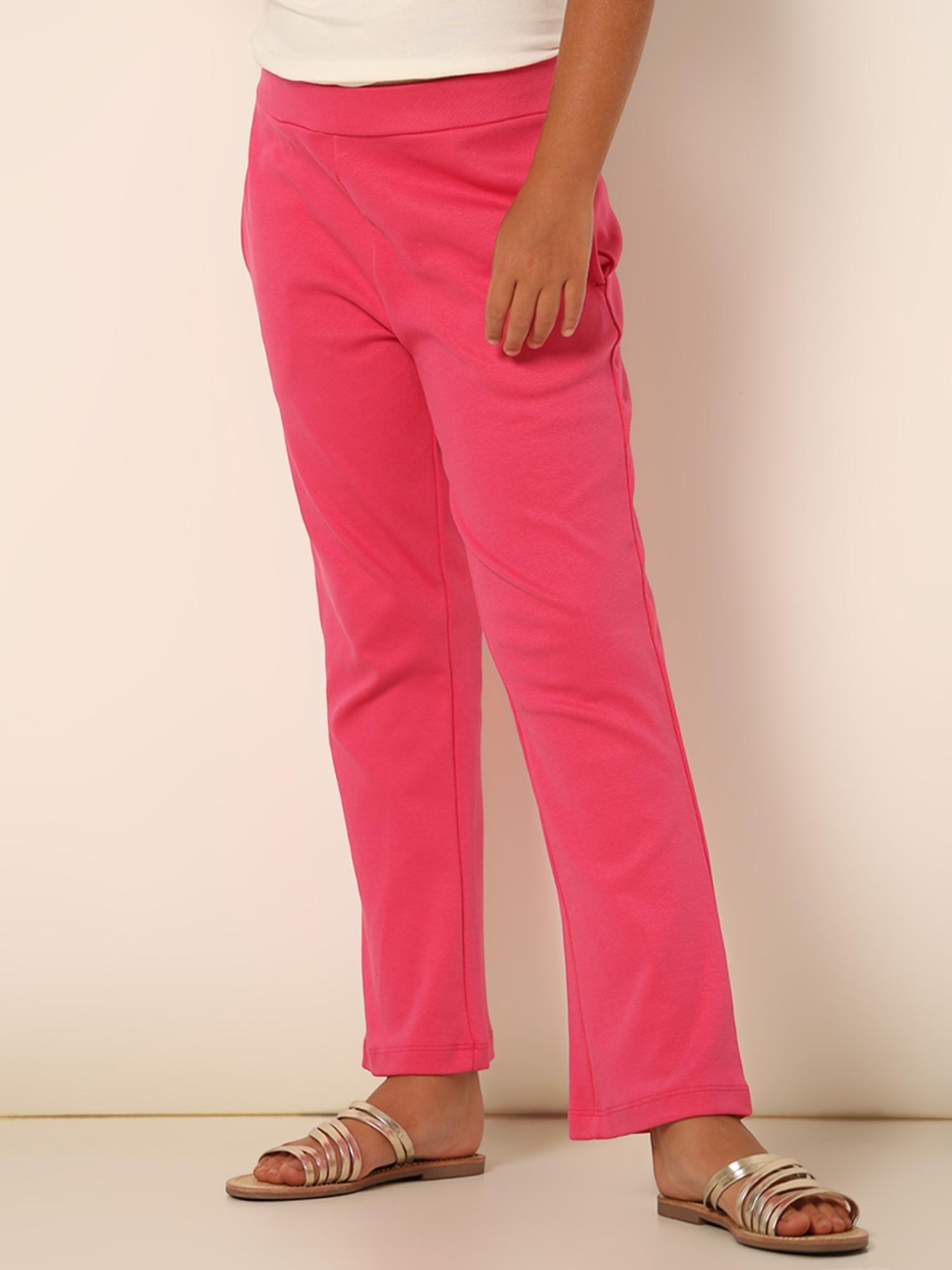 girl solid cotton regular straight fit mid rise pink pant