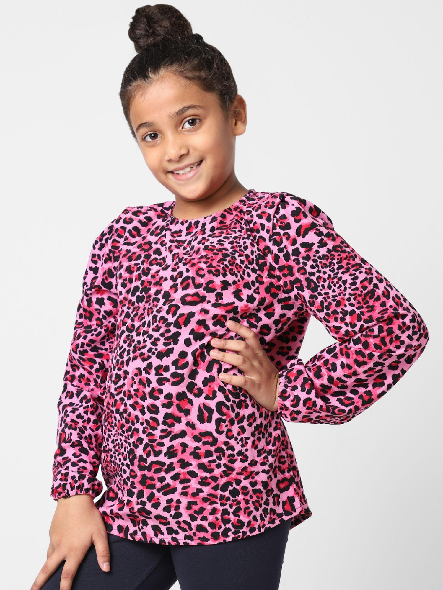 girls animal printed casualwear pink top