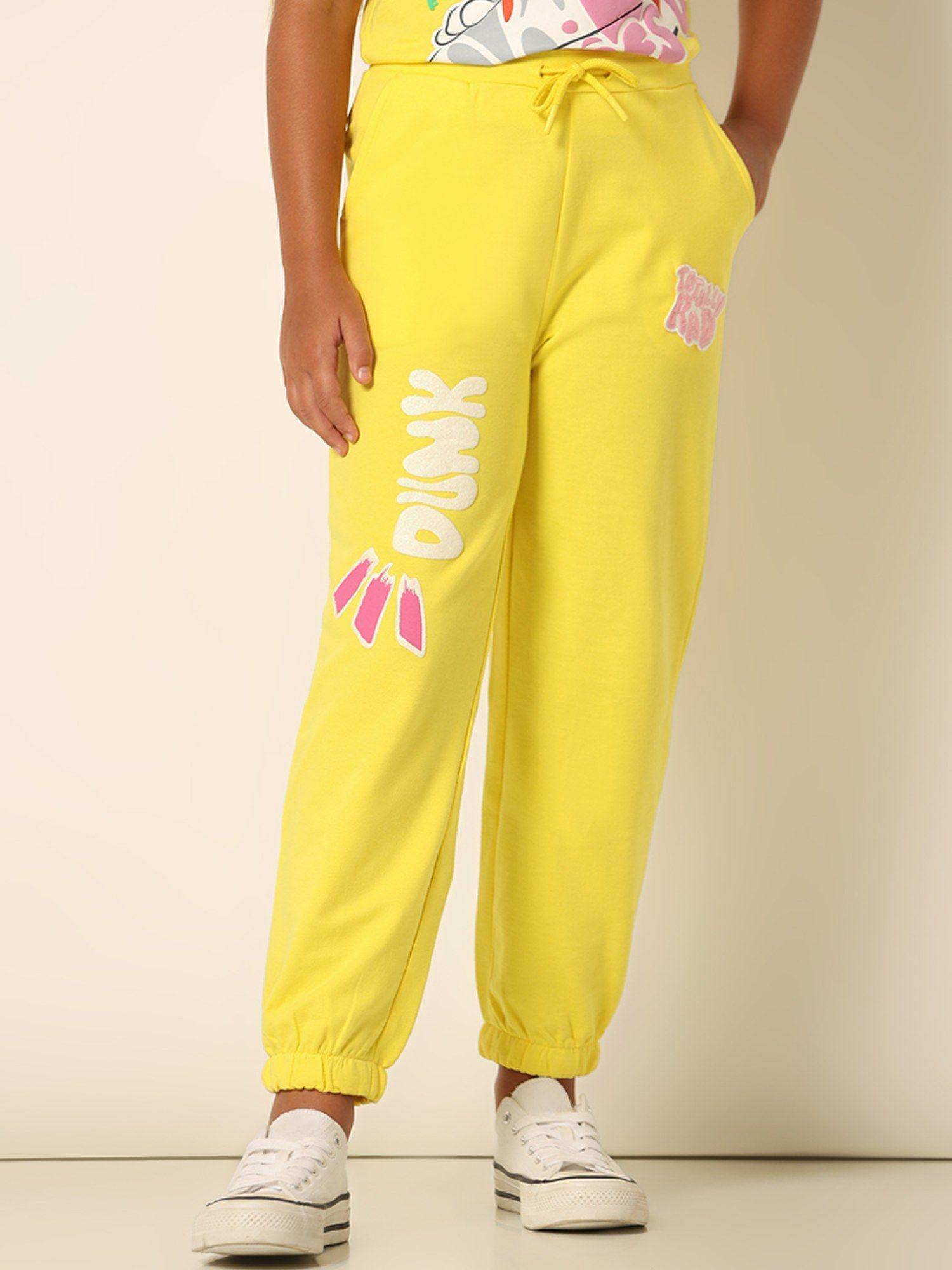 girls applique ankle length mid rise yellow joggers