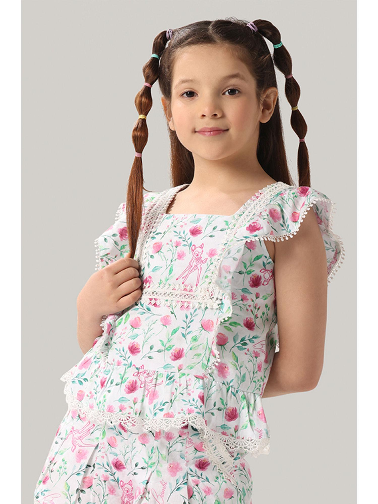 girls bambi printed laced cotton top