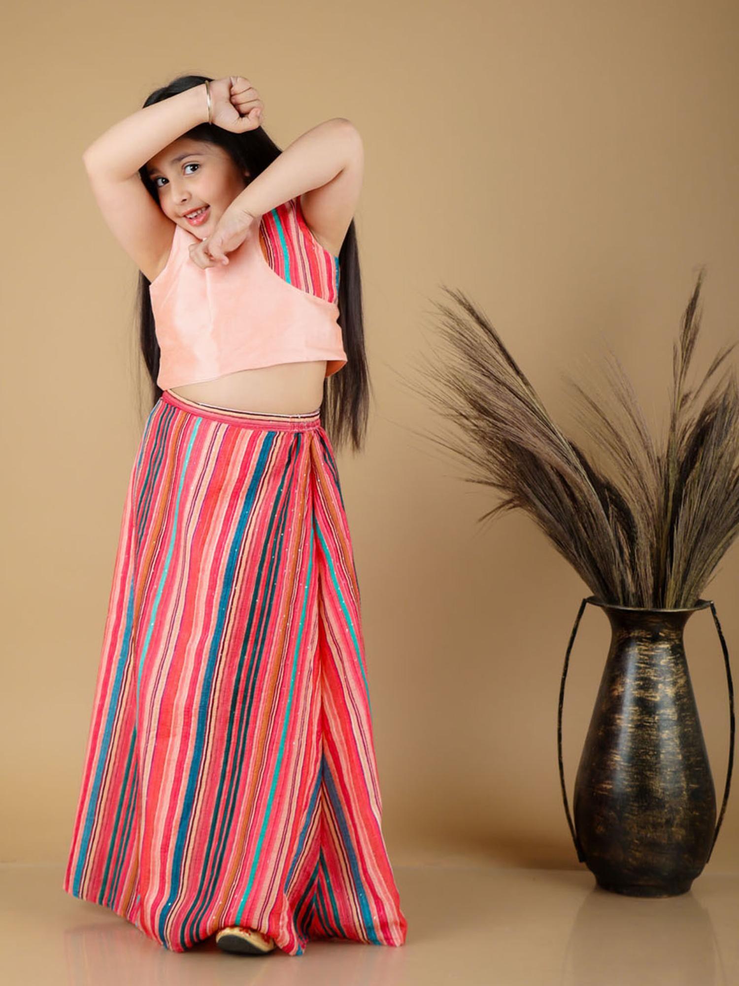 girls base peach stripe embellished skirt and crop top (set of 2)