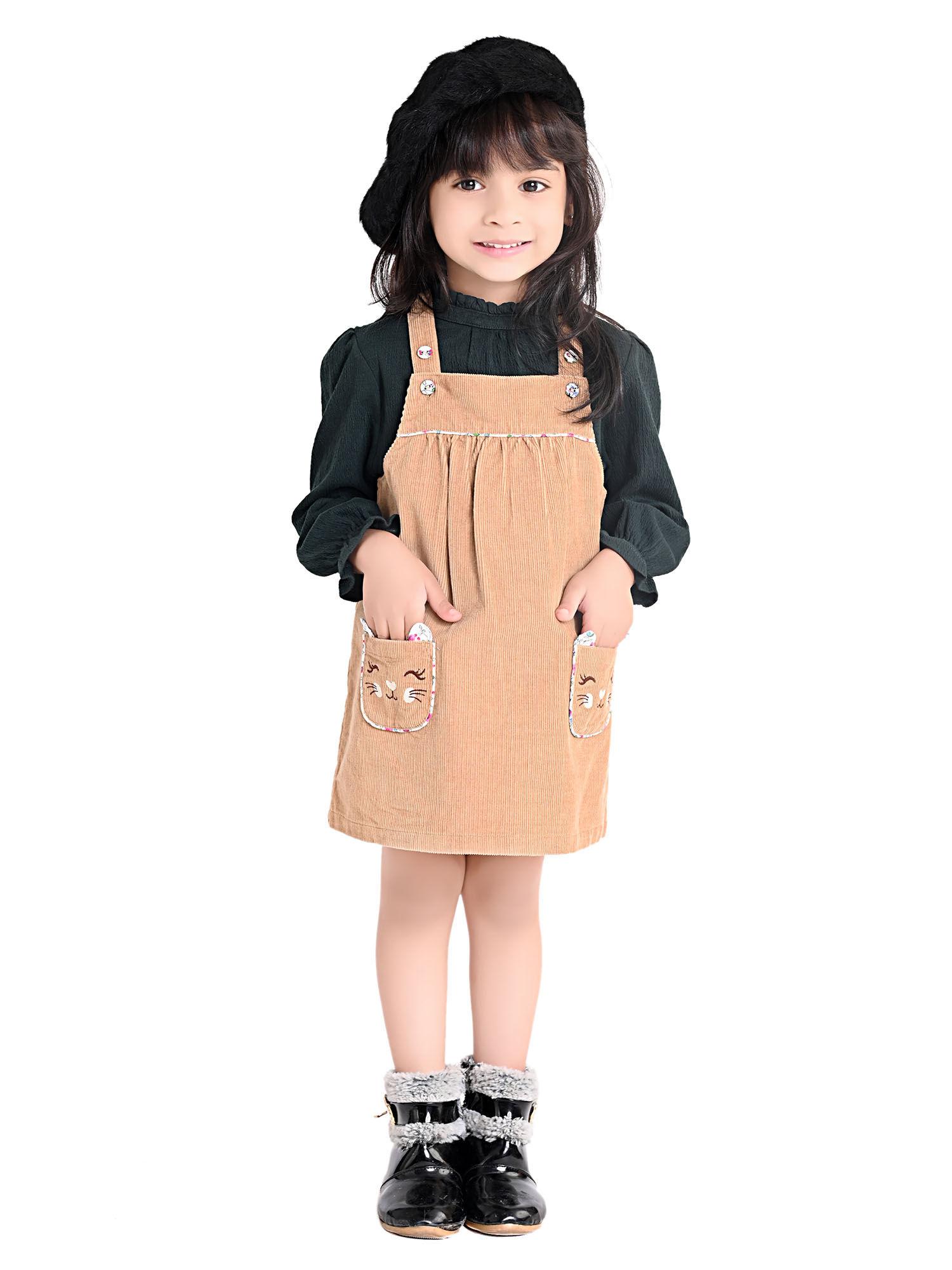 girls beige cat pocket embroidery corduroy knee length pinafore