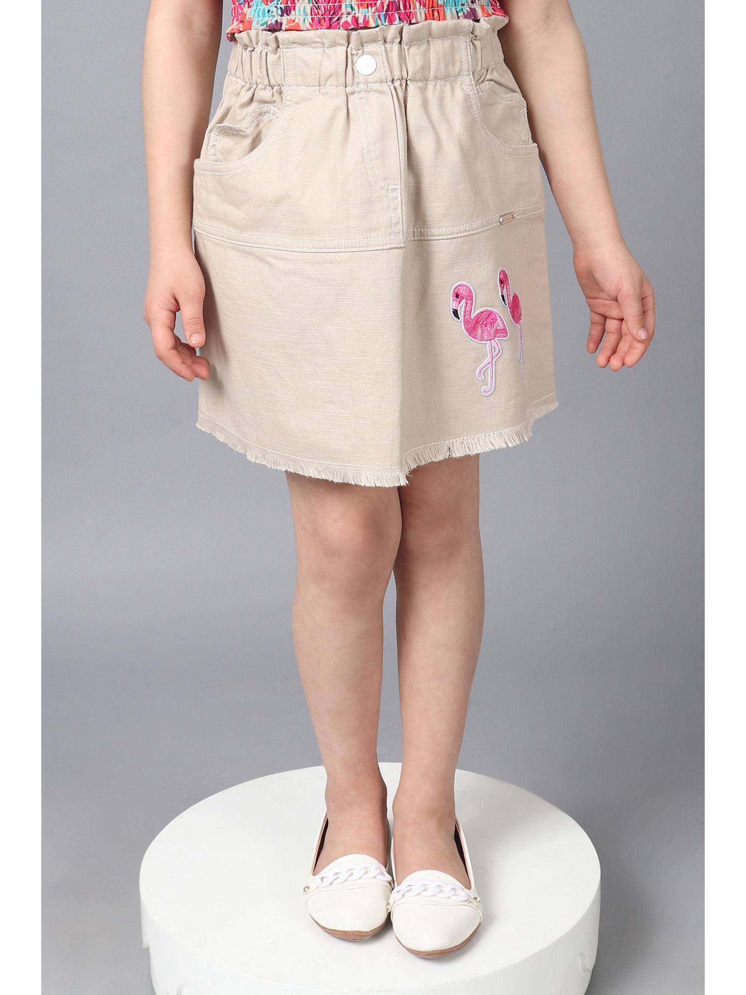girls beige cotton straight fit embroidered skirt