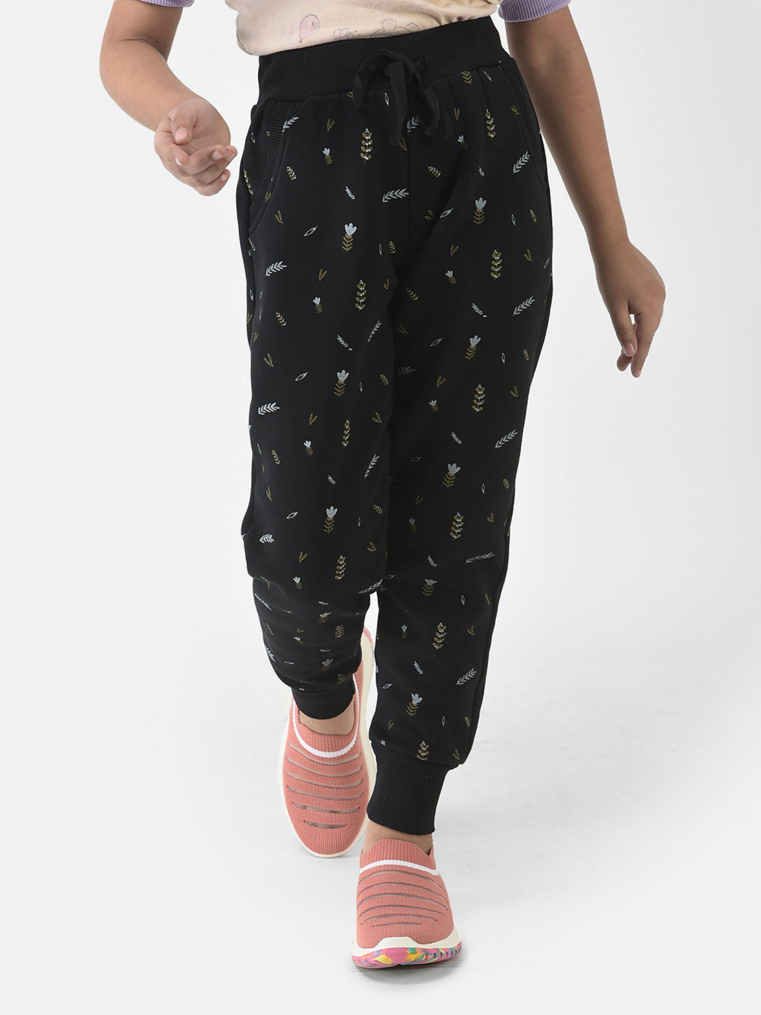 girls black joggers with floral print