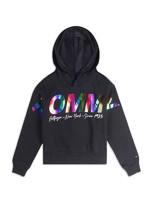girls black multi shine print hooded sweatshirt