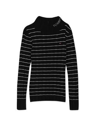girls black turtle neck horizontal stripe sweater