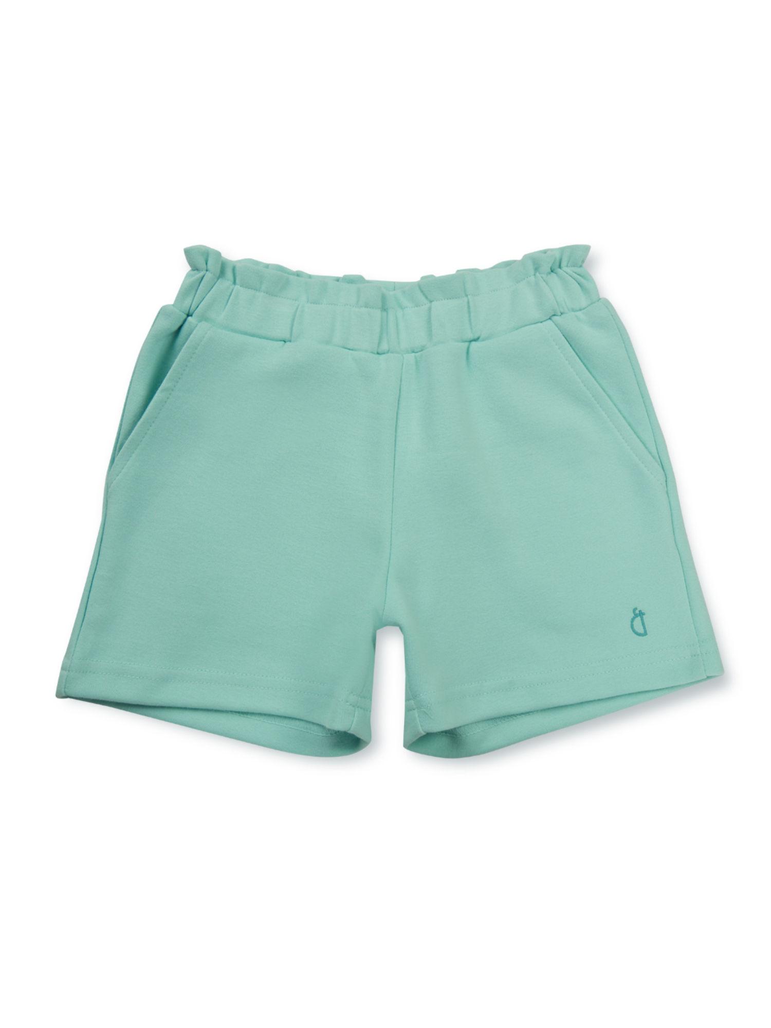 girls blue cotton solid elasticated shorts