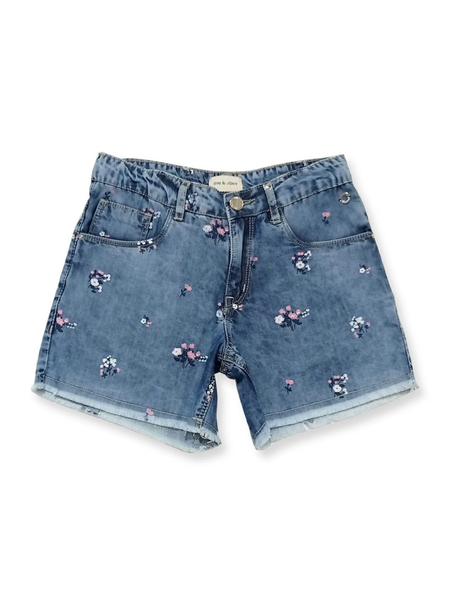 girls blue denim printed shorts